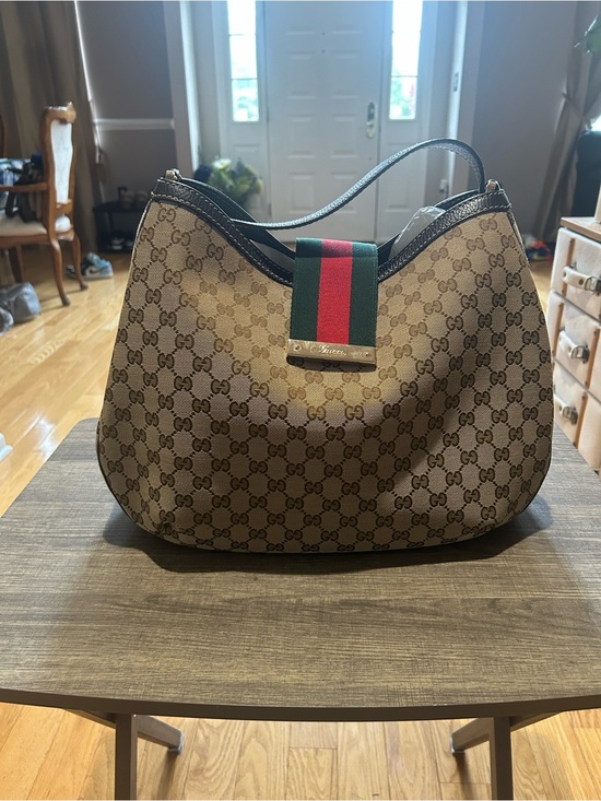 Gucci Handbags - Gucci Beige GG Canvas Shoulder Bag with Green-Red Web Stripe